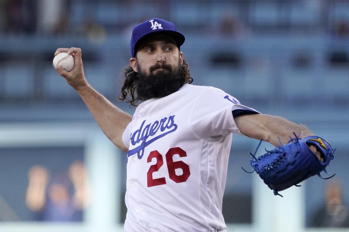 Los Angeles Dodgers starting pitcher Tony Gonsolin throws to the plate during the first inning of a baseball game against the Chicago Cubs Thursday, July 7, 2022, in Los Angeles. (AP Photo/Mark J. Terrill)