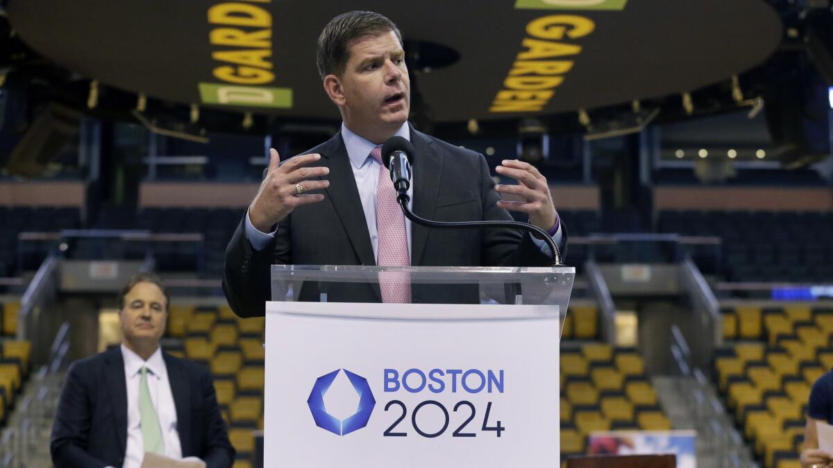 Boston Mayor Martin J. Walsh speaks about the city's Olympic bid during a news conference at TD Garden on June 18.