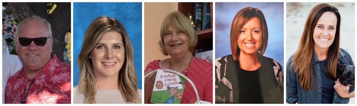 La Jolla Cluster schools' Teachers of the Year: Stacey Allen, Stephanie Marsala, Cathy Wallace, Jamie White, Kim Williams.