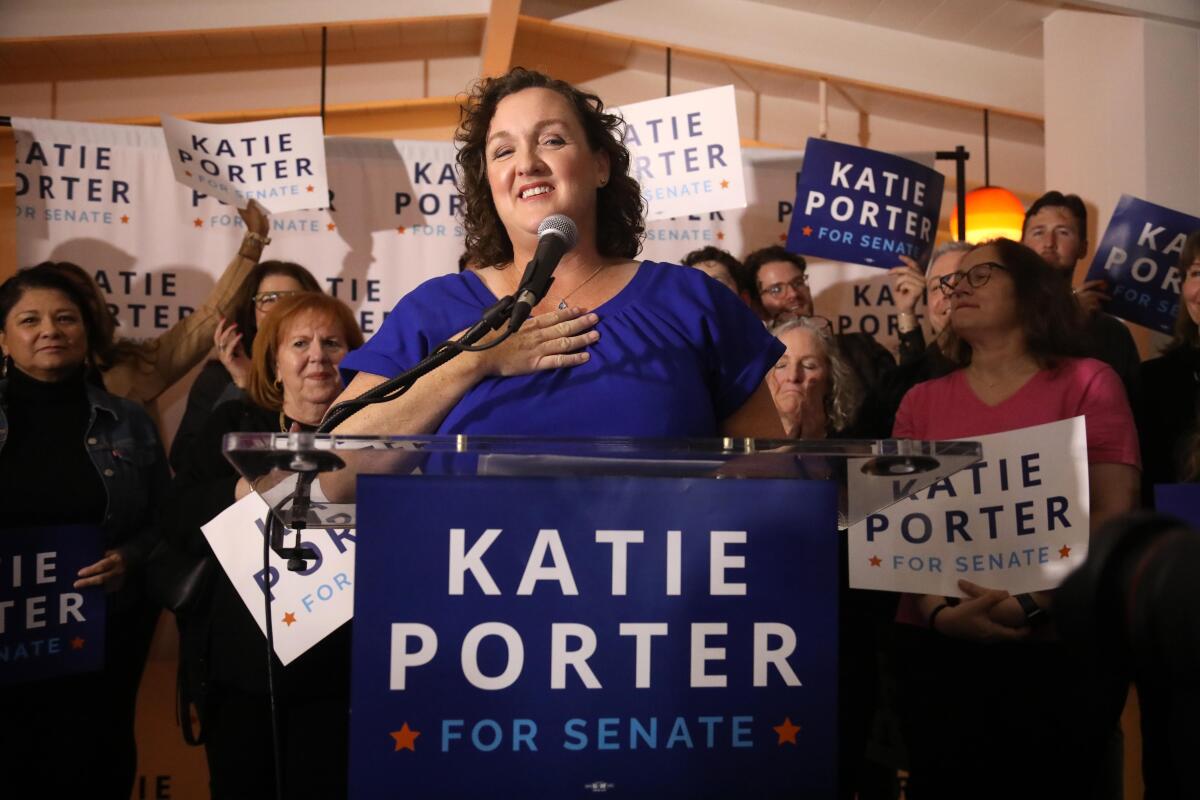 Senate candidate Rep. Katie Porter speaks during an election night party in Long Beach on March 5. 