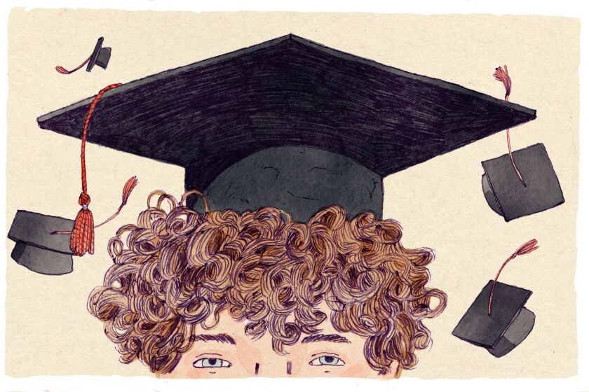 Illustration of a graduating boy winking, with graduation caps in the background.