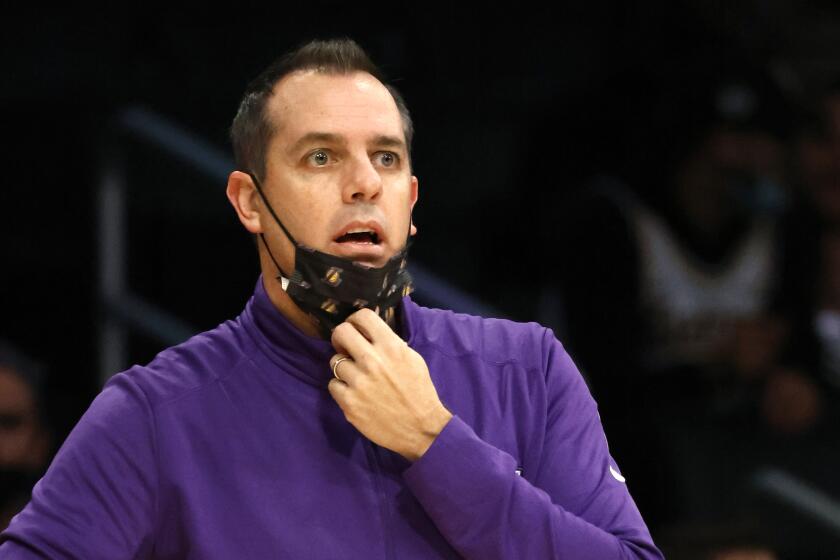 LOS ANGELES, CA - JANUARY 19, 2022: Lakers head coach Frank Vogel reacts during the game against the Indiana Pacers at Crypto.com arena on January 19, 2022 in Los Angeles, California.(Gina Ferazzi / Los Angeles Times)