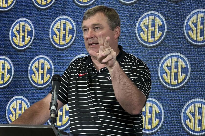 Georgia football coach Kirby Smart speaks during the Southeastern Conference's spring meetings, Tuesday, May 30, 2023, in Destin, Fla. (AP Photo/Ralph Russo)