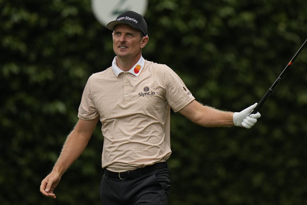 Justin Rose watches his tee shot on the second hole during the third round of the Masters on April 10, 2021.