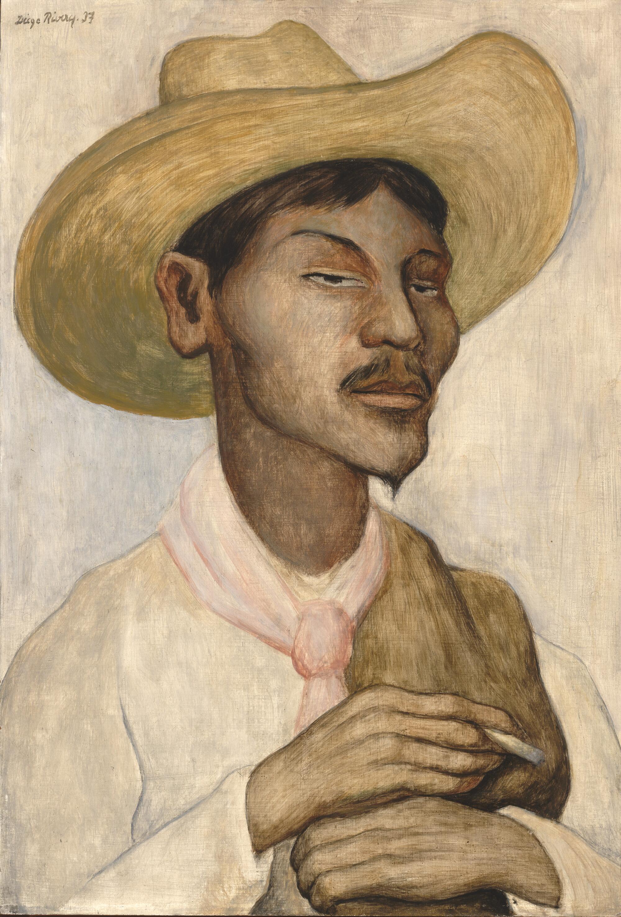 A painting by Diego Rivera shows an Indigenous man in the clothes of a campesino smoking a cigarette