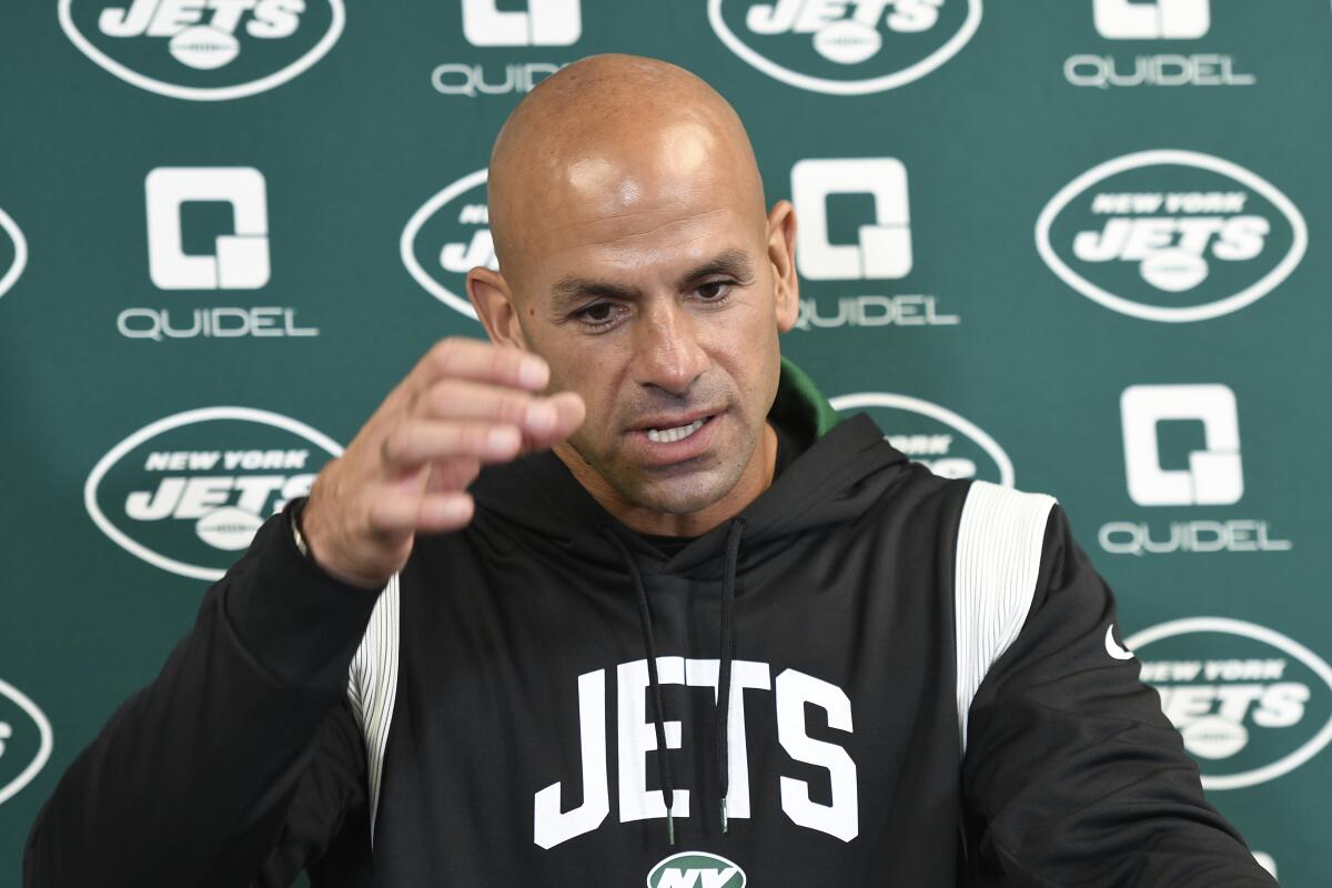 New York Jets head coach Robert Saleh addresses reporters in the post-game news conference after an NFL football game against the Pittsburgh Steelers, Sunday, Oct. 2, 2022, in Pittsburgh. The Jets won 24-20. (AP Photo/Don Wright)