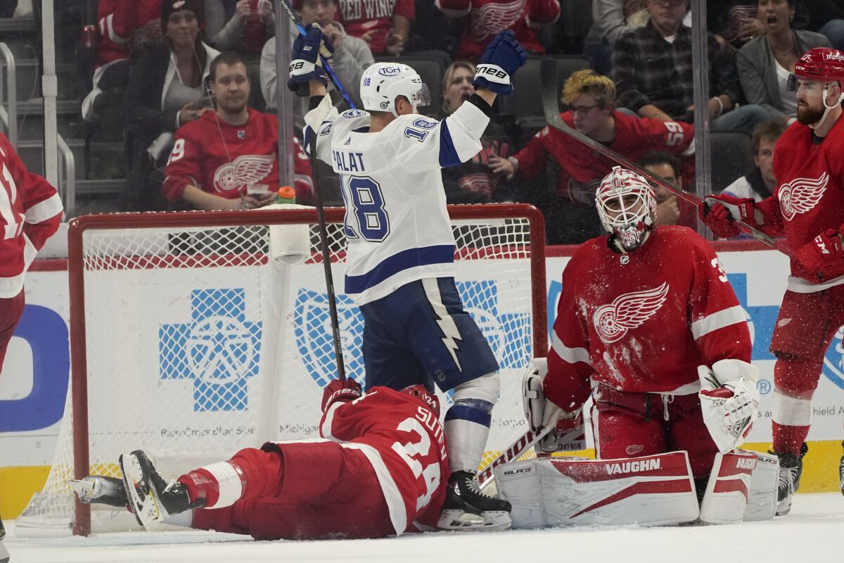 Tampa Bay Lightning left wing Ondrej Palat (18) celebrates his goal against the Detroit Red Wings in overtime during an NHL hockey game Thursday, Oct. 14, 2021, in Detroit. The Lightning won 7-6. (AP Photo/Paul Sancya)