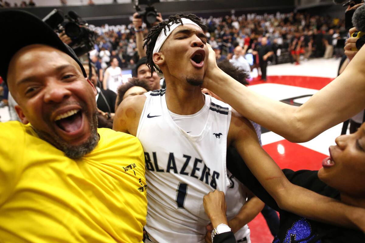 Ziaire Williams (1) and his Sierra Canyon teammates won the Southern California Open Division championship on March 10, 2020, over Etiwanda but will not get a chance to win a third consecutive state title because the championships were canceled this weekend because of the coronavirus outbreak.