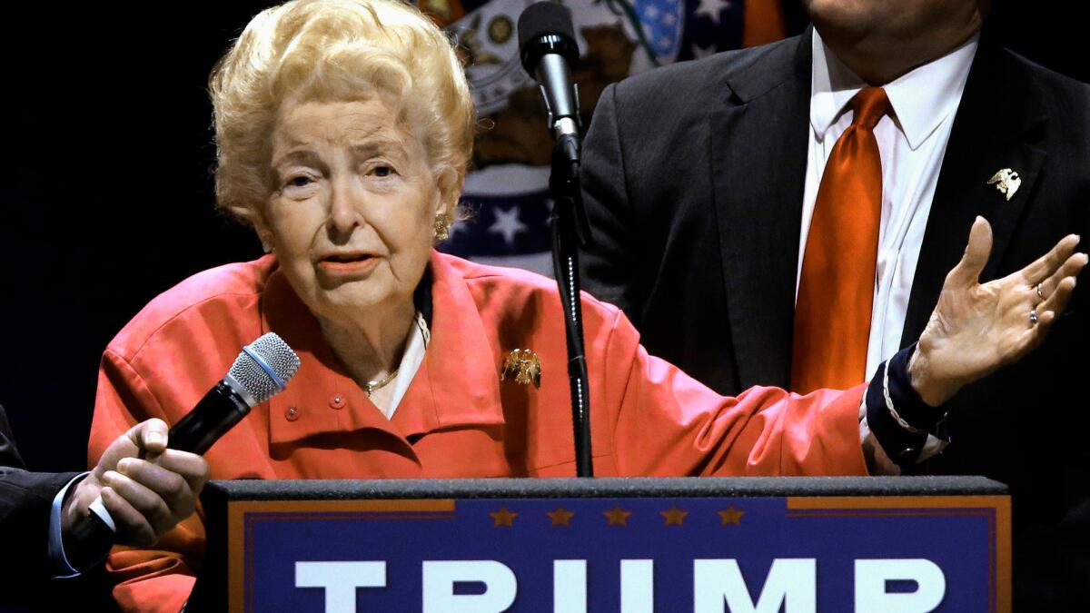 Phyllis Schlafly endorses Donald Trump at a March campaign rally in St. Louis.