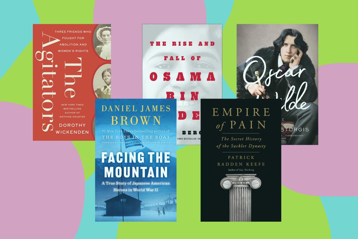 Five book covers on a background of purple, blue and green illustrated blobs