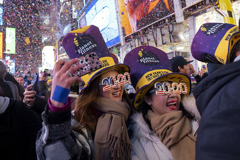 New Year's revelers celebrate in New York City's Times Square.