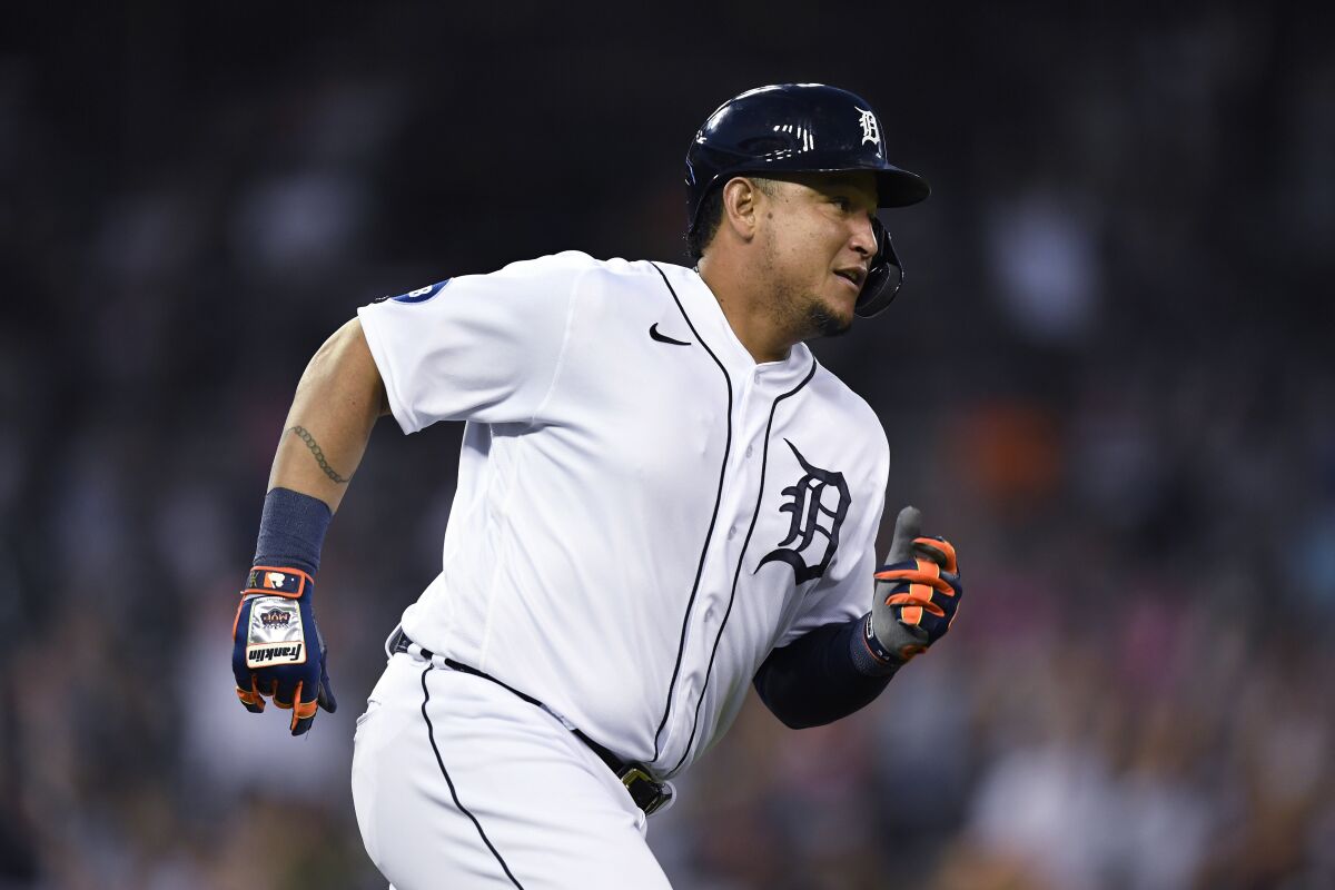 Detroit Tigers' Miguel Cabrera rounds first base after hitting a home run off Baltimore Orioles starting pitcher Jordan Lyles during the sixth inning of a baseball game Friday, May 13, 2022, in Detroit. (AP Photo/Jose Juarez)