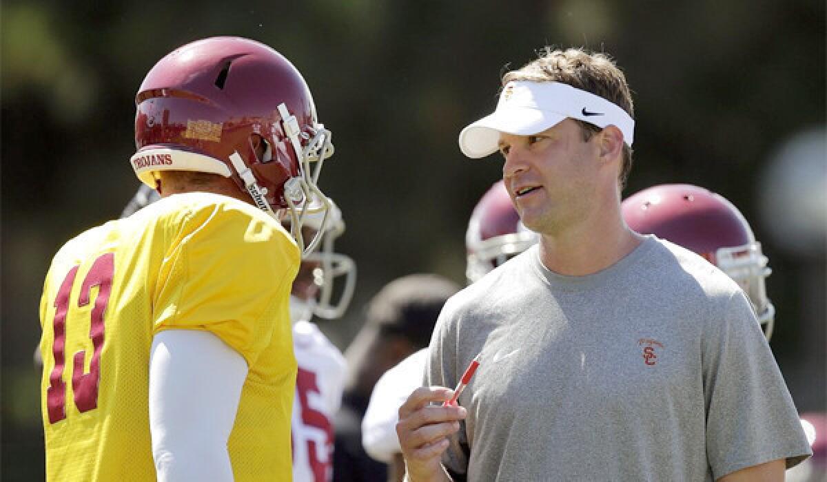 USC quarterback Max Wittek talks with Trojans Coach Lane Kiffin during a practice session in August.