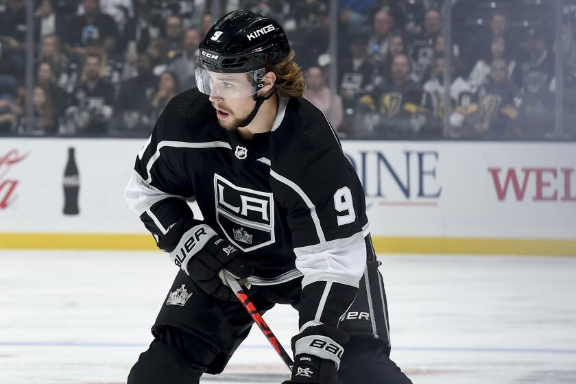 LOS ANGELES, CA - OCTOBER 13: Adrian Kempe #9 of the Los Angeles Kings skates with the puckduring the first period of the game against the Vegas Golden Knights at STAPLES Center on October 13, 2019 in Los Angeles, California. (Photo by Juan Ocampo/NHLI via Getty Images)