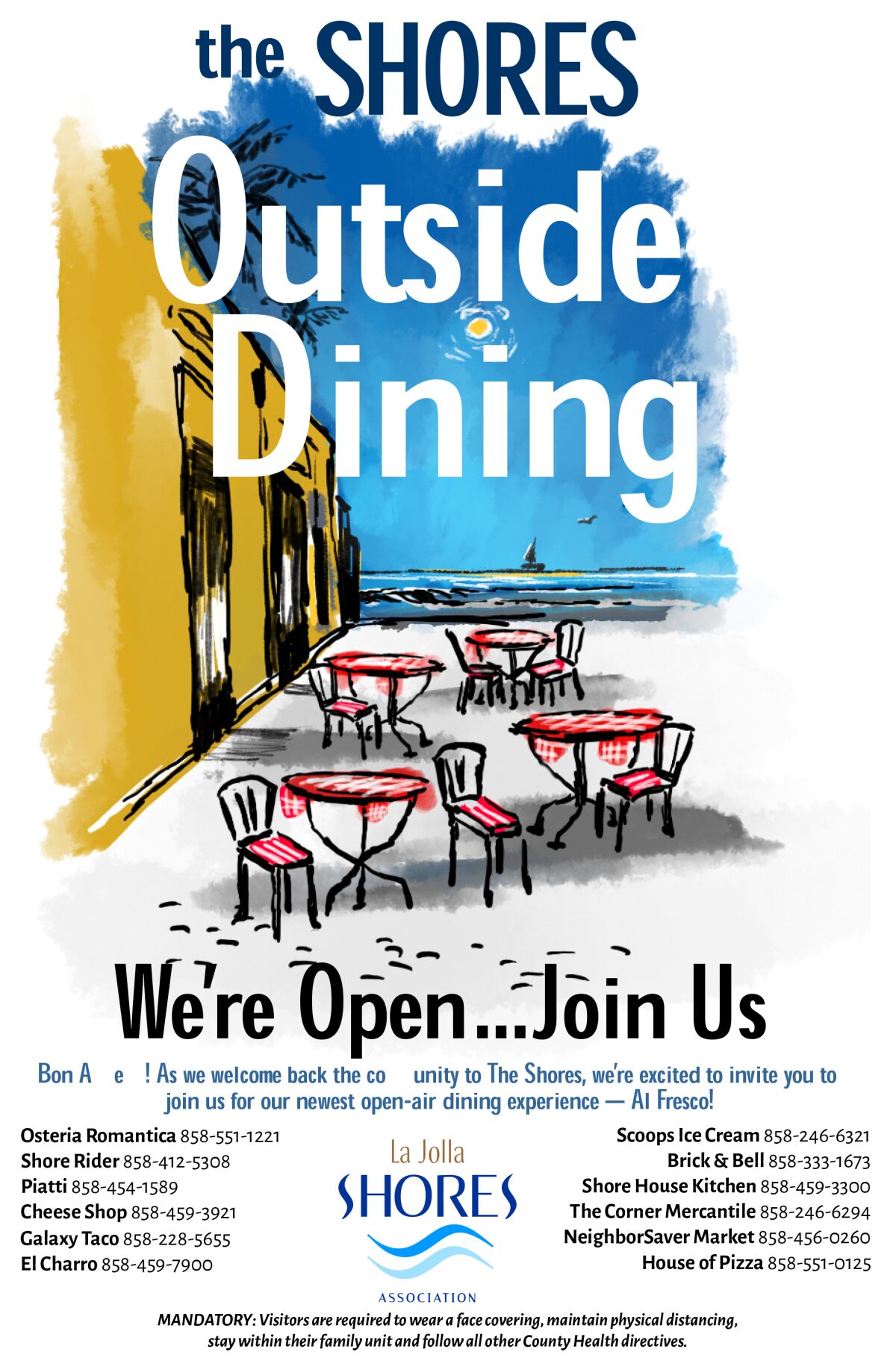 The La Jolla Shores Association created a flier for its outdoor dining program on a block of Avenida de la Playa.