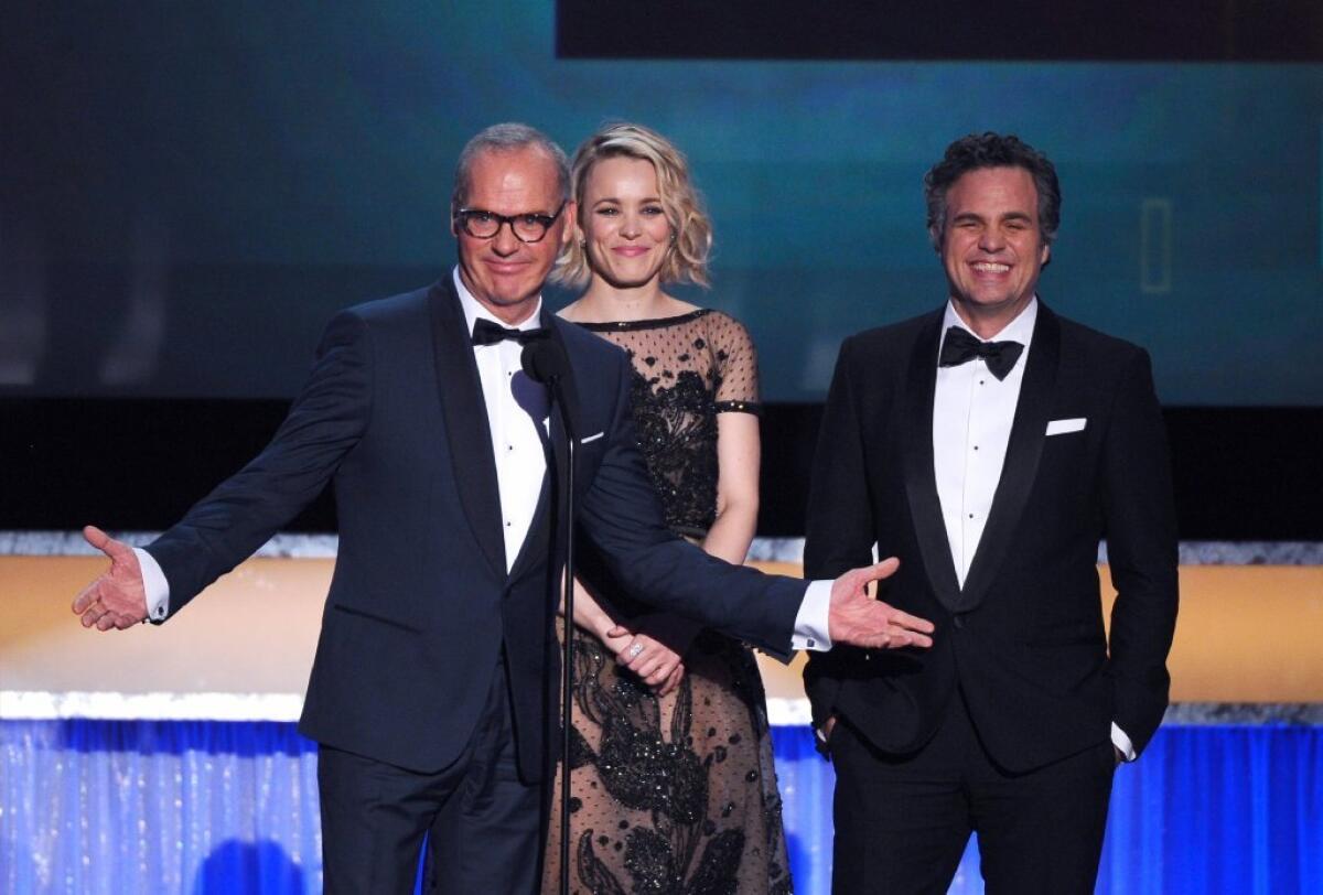 "Spotlight" won the Screen Actors Guild Award for outstanding performance by a cast in a motion picture on Saturday at the Shrine Auditorium in Los Angeles.