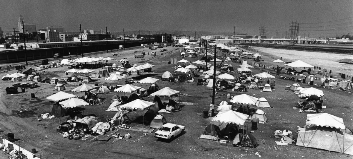 The urban campground as seen from the 4th Street bridge, the day before it was shut down on Sept. 24, 1987.