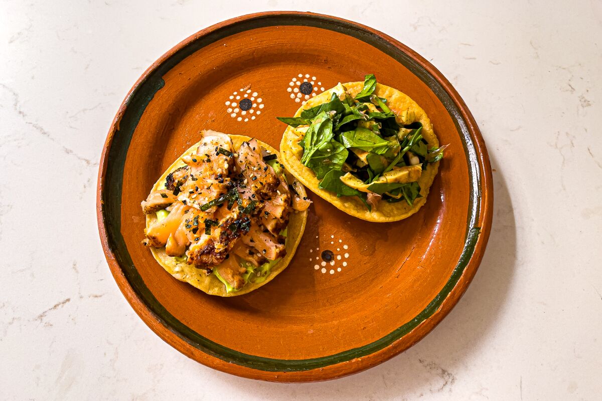 An overhead photo of two tostadas from Todos Santos.