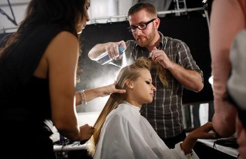Hairstylists lock and load before the Chado Ralph Rucci spring 2010 runway show.