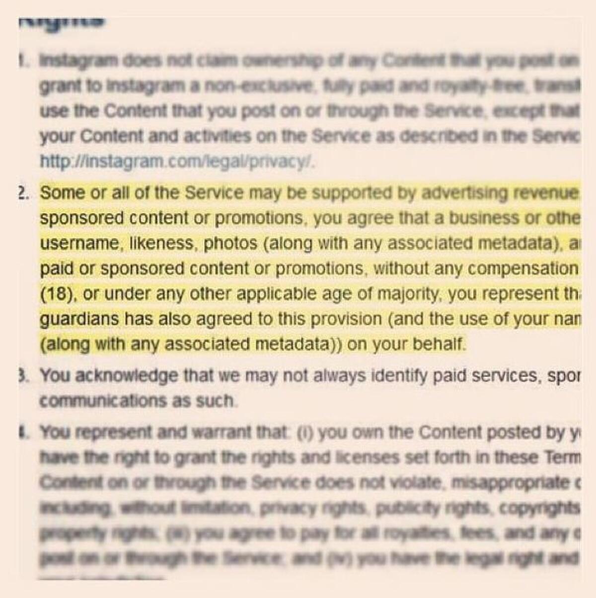 An Instagram photo of the upcoming changes to the social network's terms of service.