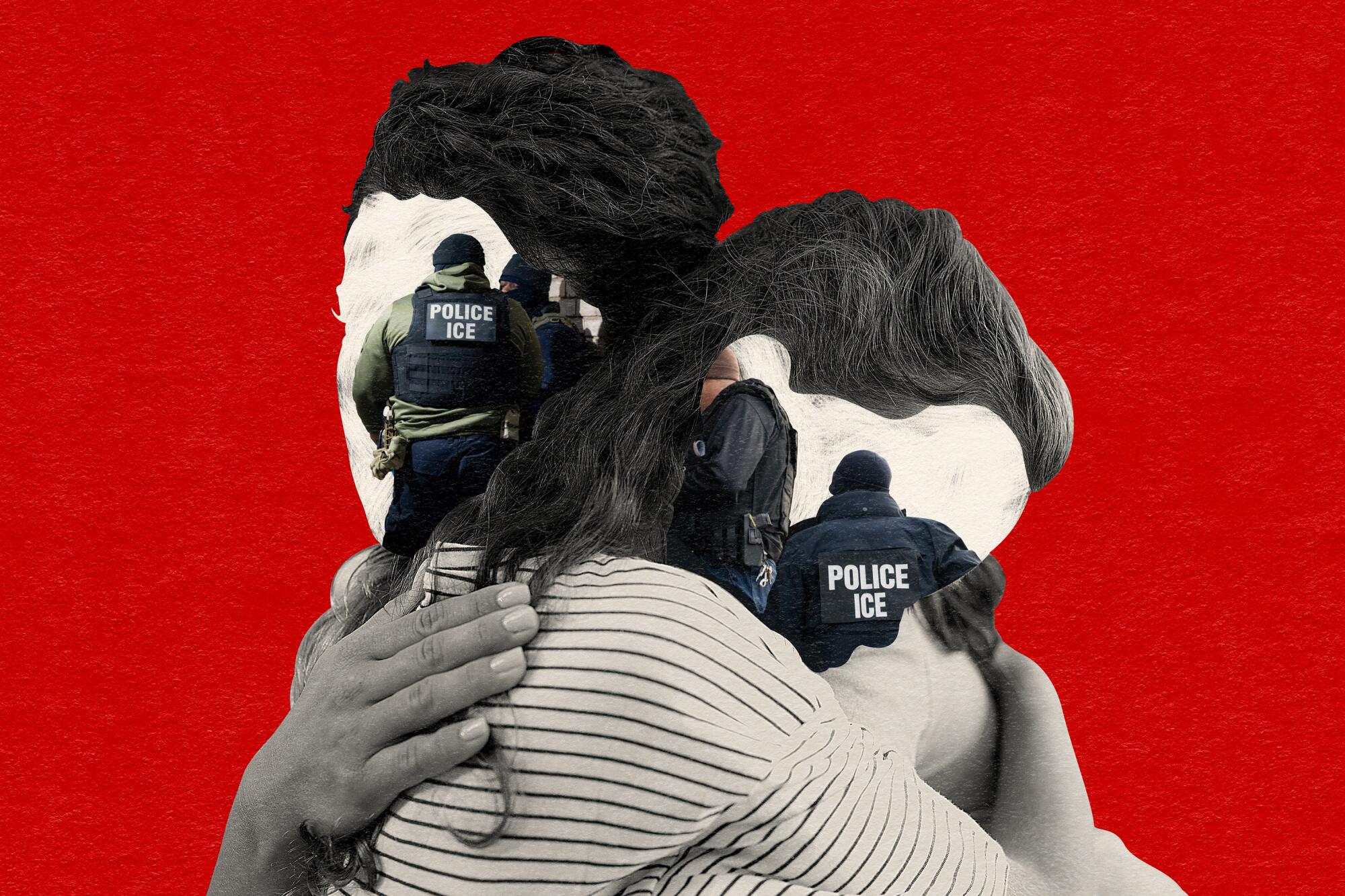 A woman and younger girl embrace; their faces have been replaced with photos of ICE agents on a raid.