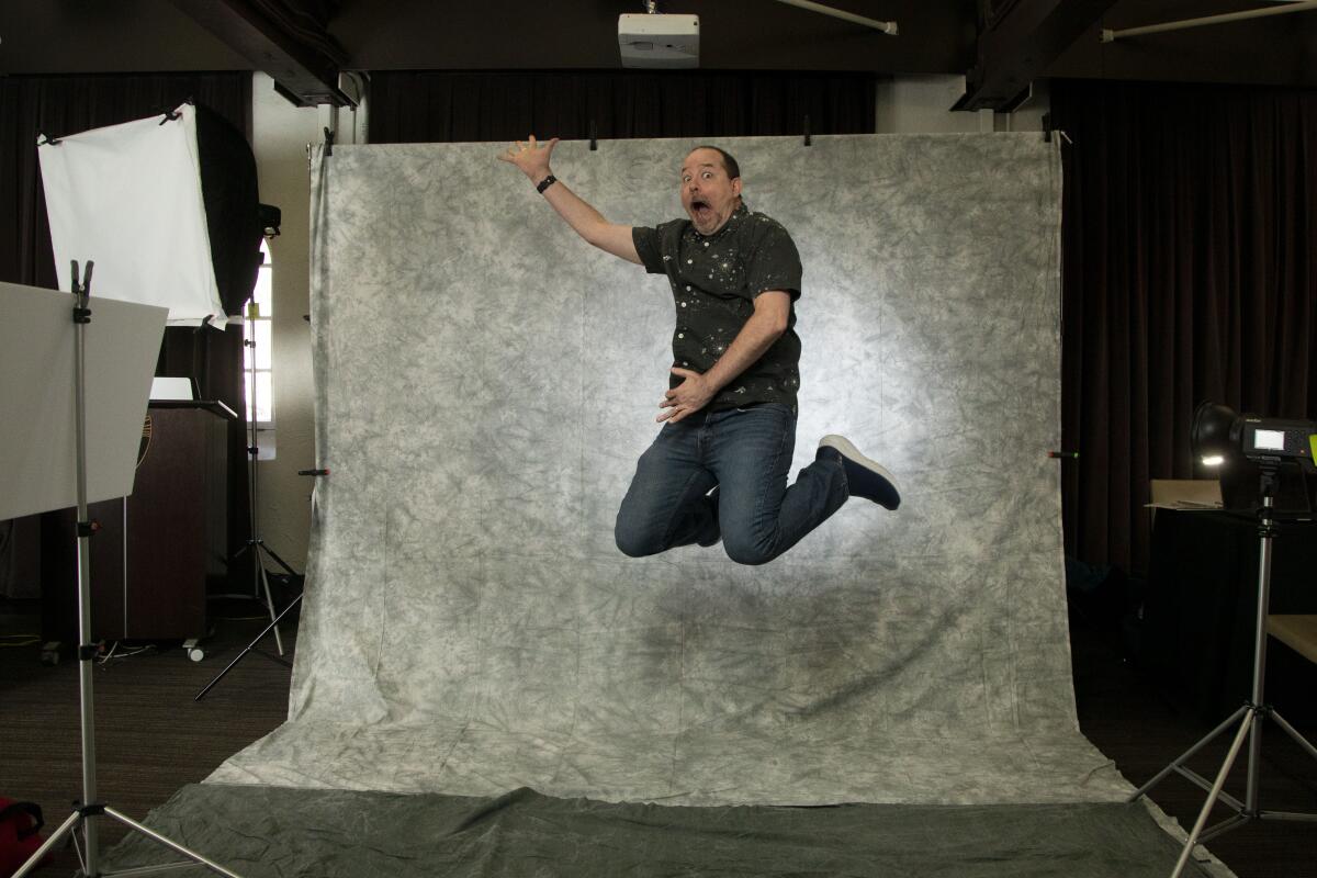 John Scalzi author of Starter Villain, at the Los Angeles Times Festival of Books Portrait studio jumping