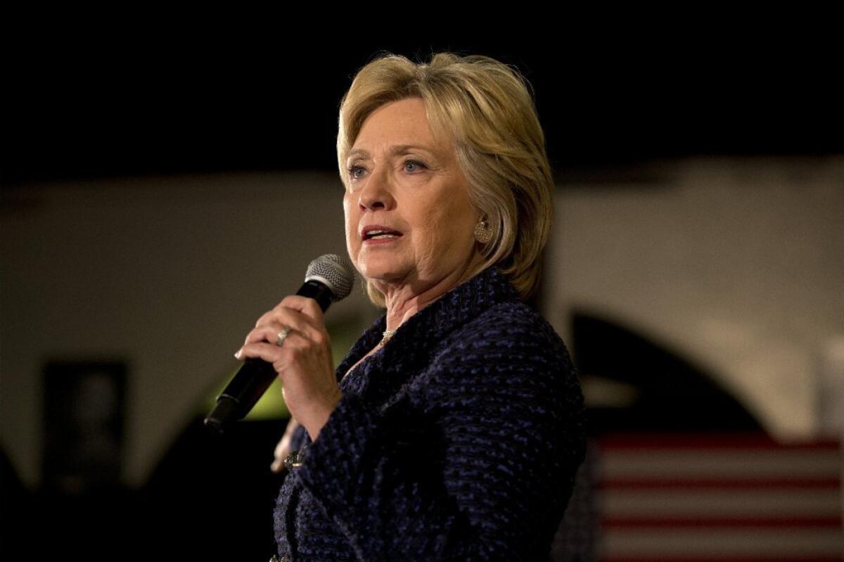 Hillary Clinton, shown at a rally in Iowa on Monday, wrote of a "make-or-break moment" for the Supreme Court.