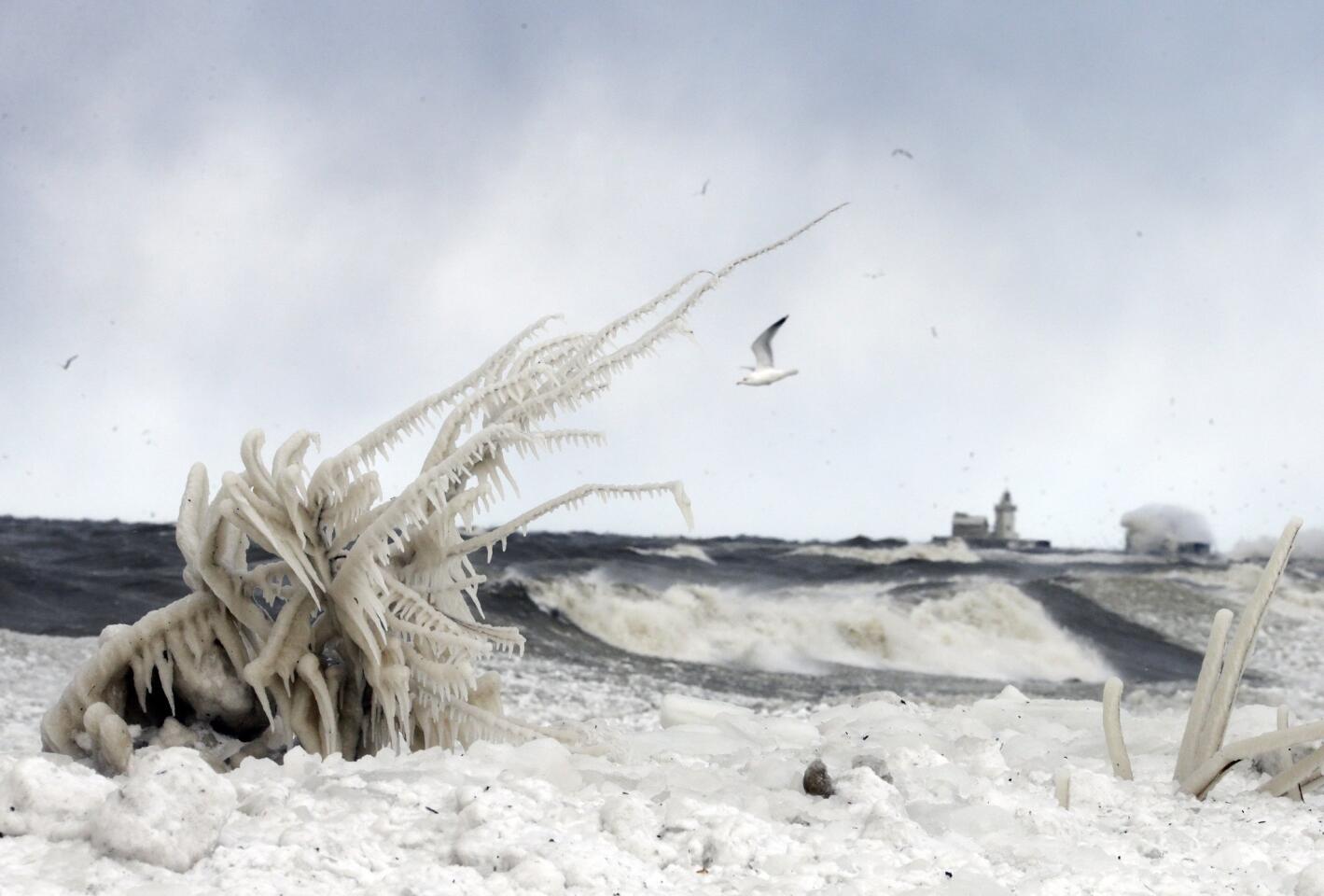Waves off Lake Erie crash on the ice-covered shore of Lake Erie west of downtown Cleveland on Wednesday.