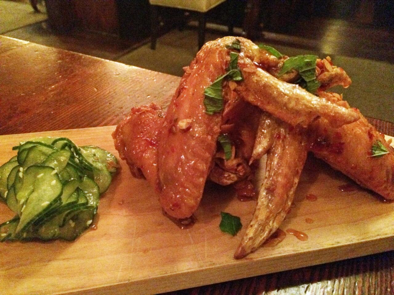 The Jidori chicken wings with pickled cucumber at the Raymond.