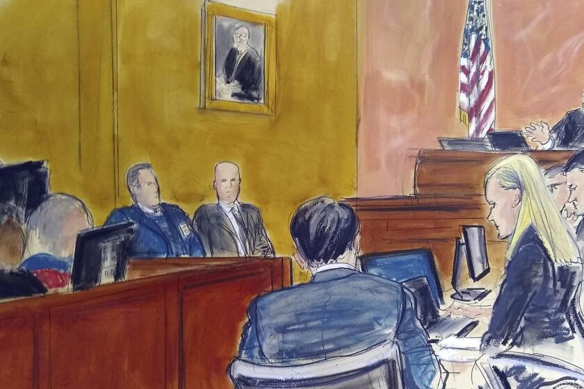 In this courtroom sketch, Judge Brian Cogan upper right, charges the jury in the U.S. trial of the infamous Mexican drug lord Joaquin "El Chapo" Guzman, in New York, Monday Feb. 4, 2019. Cogan was giving instructions to jurors before they will be asked to begin deciding the verdict for Guzman, who faces life in prison if convicted. (Elizabeth Williams via AP)