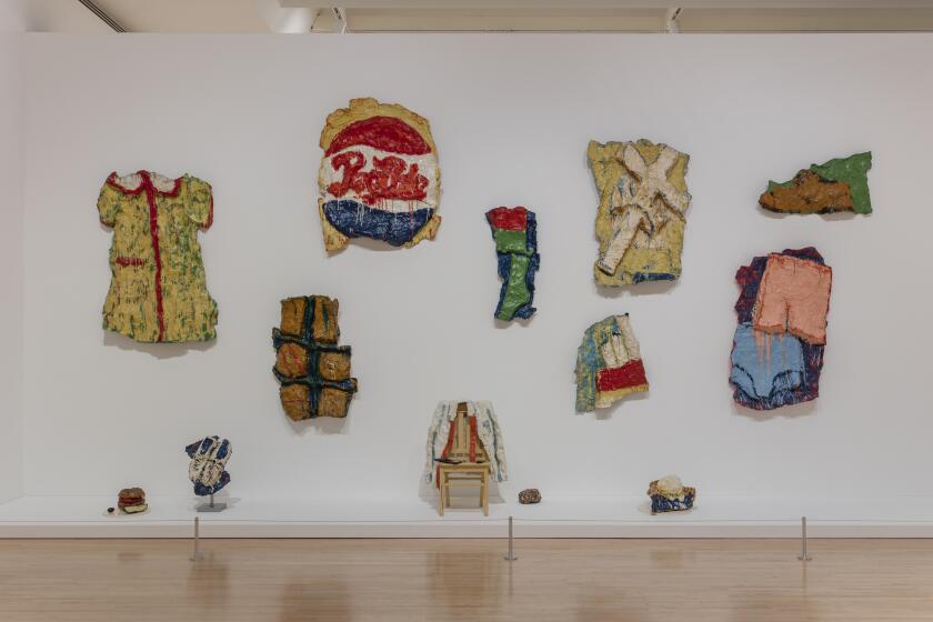 Installation view of more than a dozen Claes Oldenburg sculptures from the permanent collection at the Museum of Contemporary Art