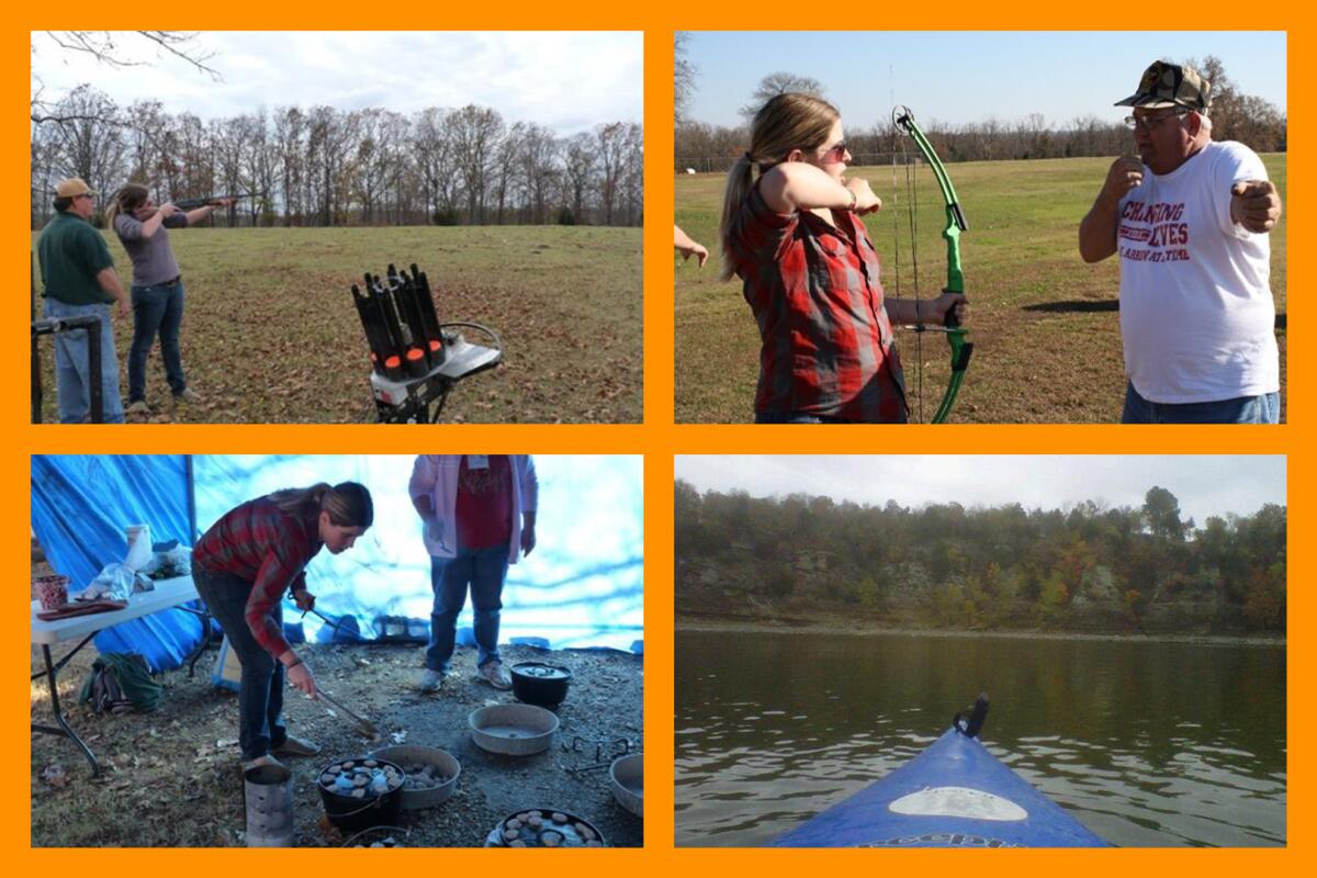 Four photos of people engaging in outdoor activities including skeet shooting, archery, making a campfire and kayaking