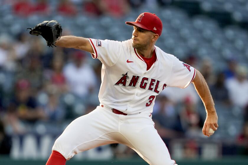 Los Angeles Angels starting pitcher Tyler Anderson throws during the first inning.