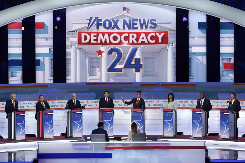 MILWAUKEE, WISCONSIN - AUGUST 23: Republican presidential candidates (L-R), former Arkansas Gov. Asa Hutchinson, former New Jersey Gov. Chris Christie, former U.S. Vice President Mike Pence, Florida Gov. Ron DeSantis, Vivek Ramaswamy, former U.N. Ambassador Nikki Haley, U.S. Sen. Tim Scott (R-SC) and North Dakota governor Doug Burgum participate in the first debate of the GOP primary season hosted by FOX News at the Fiserv Forum on August 23, 2023 in Milwaukee, Wisconsin. The 8 presidential hopefuls squared off in the first Republican debate as former U.S. President Donald Trump, currently facing indictments in four locations, declined to participate in the event. (Photo by Win McNamee/Getty Images)