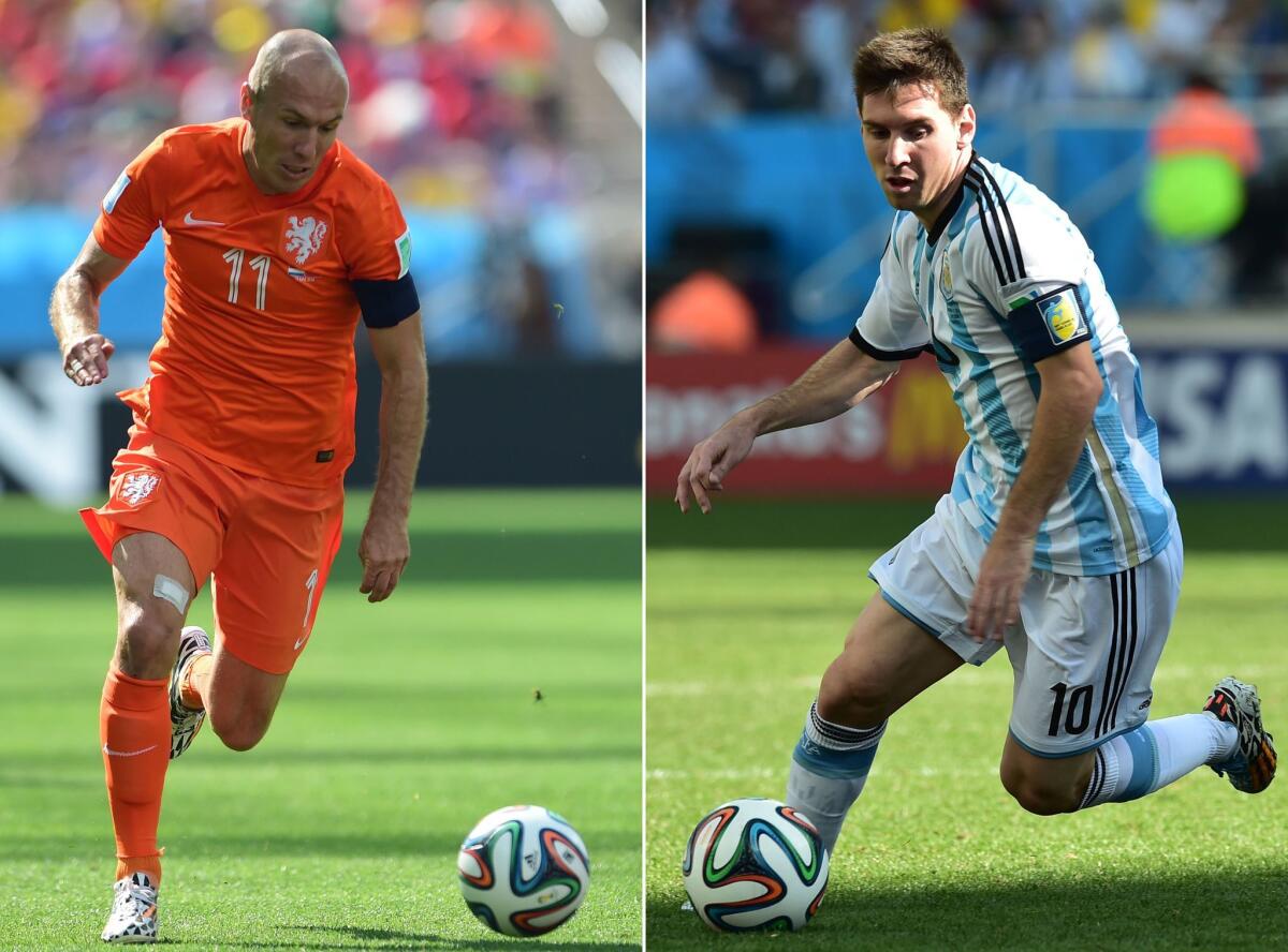 Netherlands forward Arjen Robben, left, and Argentina's forward and captain Lionel Messi.