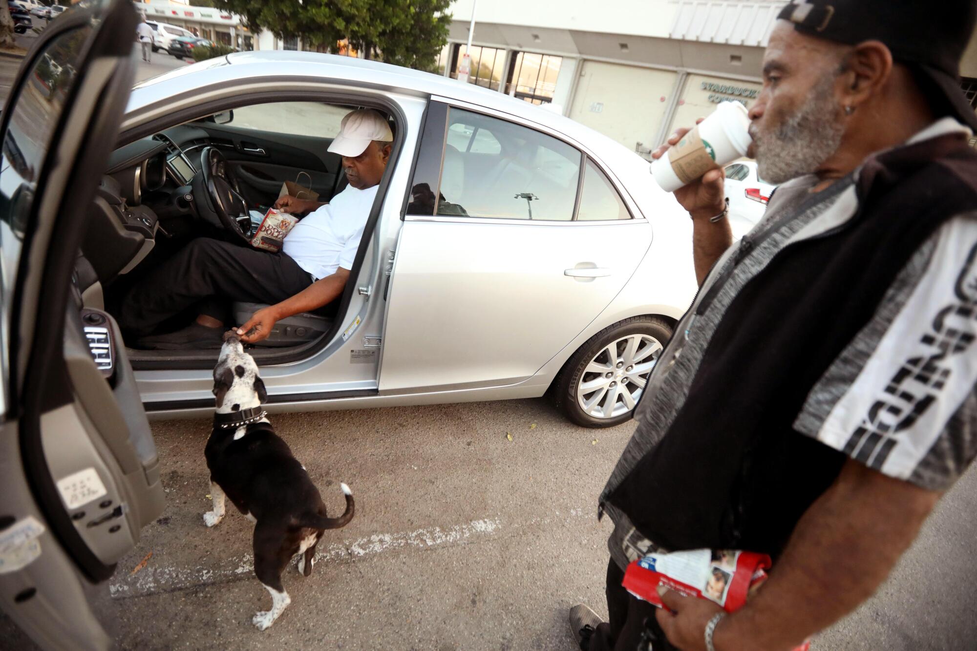 David Mays gives a treat to Lea while her owner. Kit Bradley, looks in West Los Angeles.