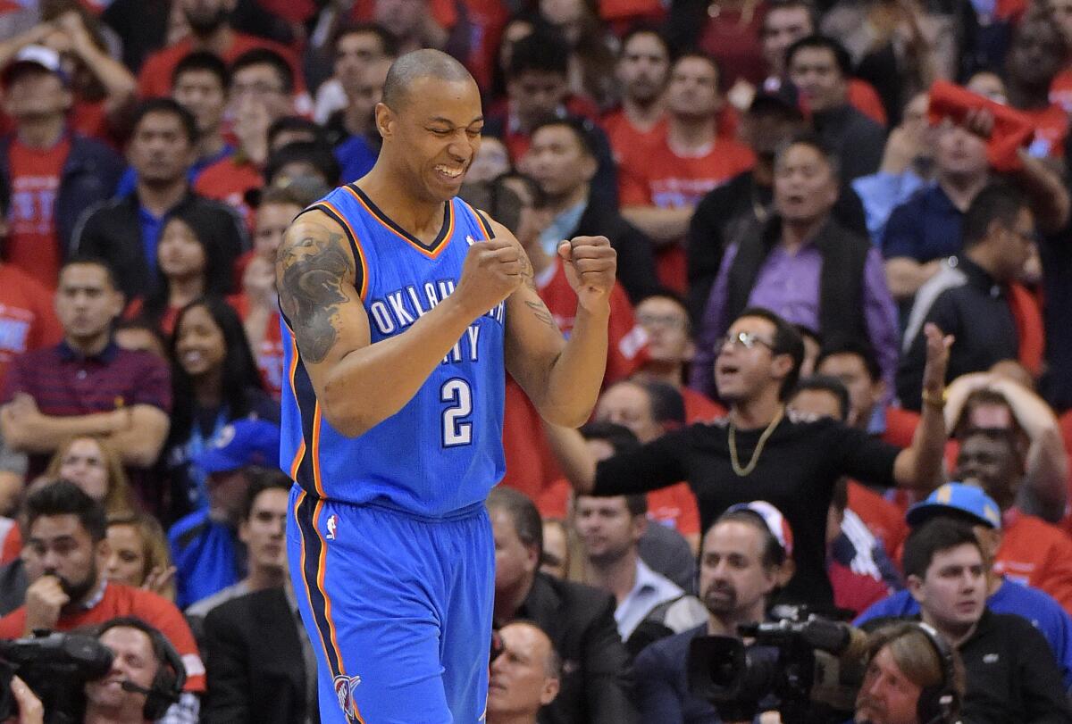 Oklahoma City Thunder forward Caron Butler celebrates after scoring during Game 3 of the Western Conference semifinals on Friday.