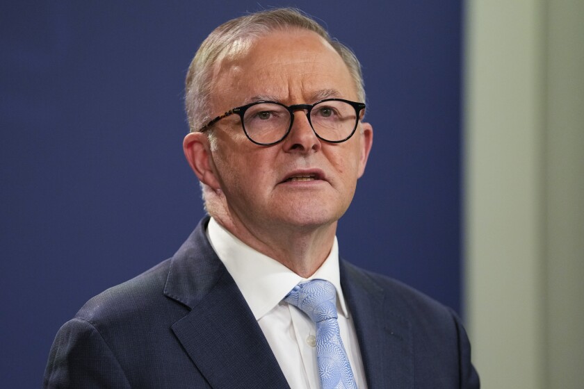 FILE - Australian Prime Minister Anthony Albanese speaks during a press conference in Sydney, Australia, Friday, June 10, 2022. Albanese said Thursday, June 23, 2022, that he will meet President Emmanuel Macron in France next week to reset a bilateral relationship that was damaged when the previous Australian government canceled a submarine contract. (AP Photo/Mark Baker, File)