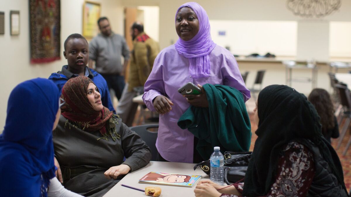 Asma Ali speaks with other women in Cedar Rapids, Iowa, on Nov. 12, 2016, during a discussion of issues related to Donald Trump's election.