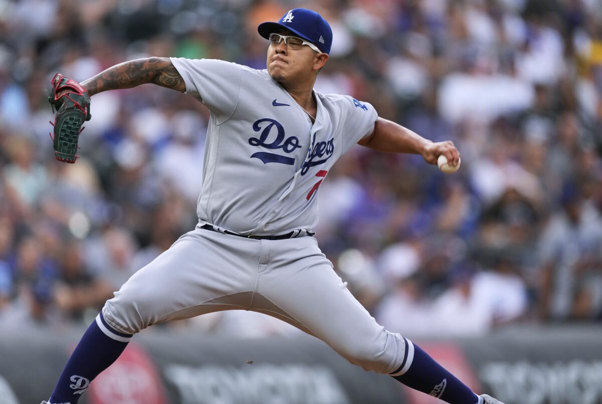 Dodgers pitcher Julio Urias works against the Colorado Rockies during the first inning.
