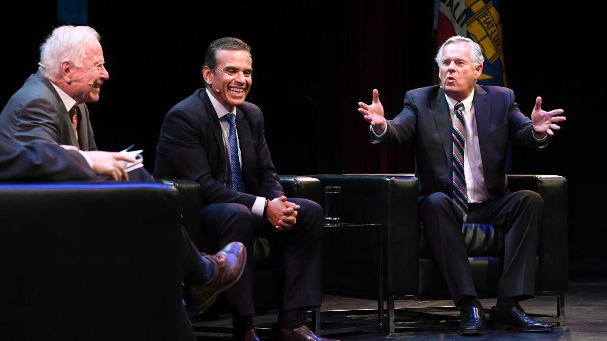 Former Los Angeles Mayors Richard Riordan, left, Antonio Villaraigosa and James Hahn share ideas at UCLA on Thursday on how to run the city.