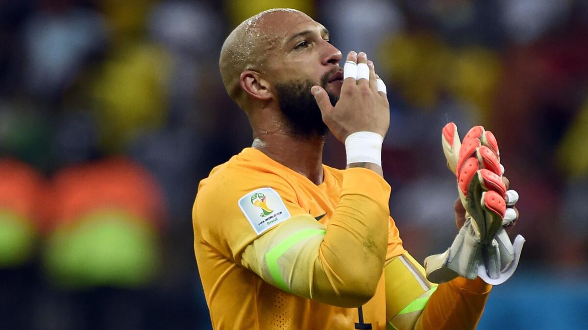 U.S. goalkeeper Tim Howard blows a kiss after the team's 2-2 draw with Portugal at the World Cup on Sunday. The U.S. should have won, but they'll have a chance for redemption against Germany on Thursday.