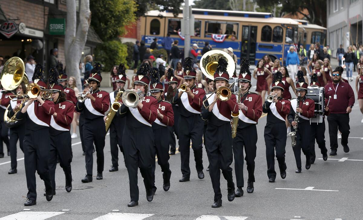 The Laguna Beach High marching band performs during the 56th annual Patriots Day Parade in Laguna Beach in March.