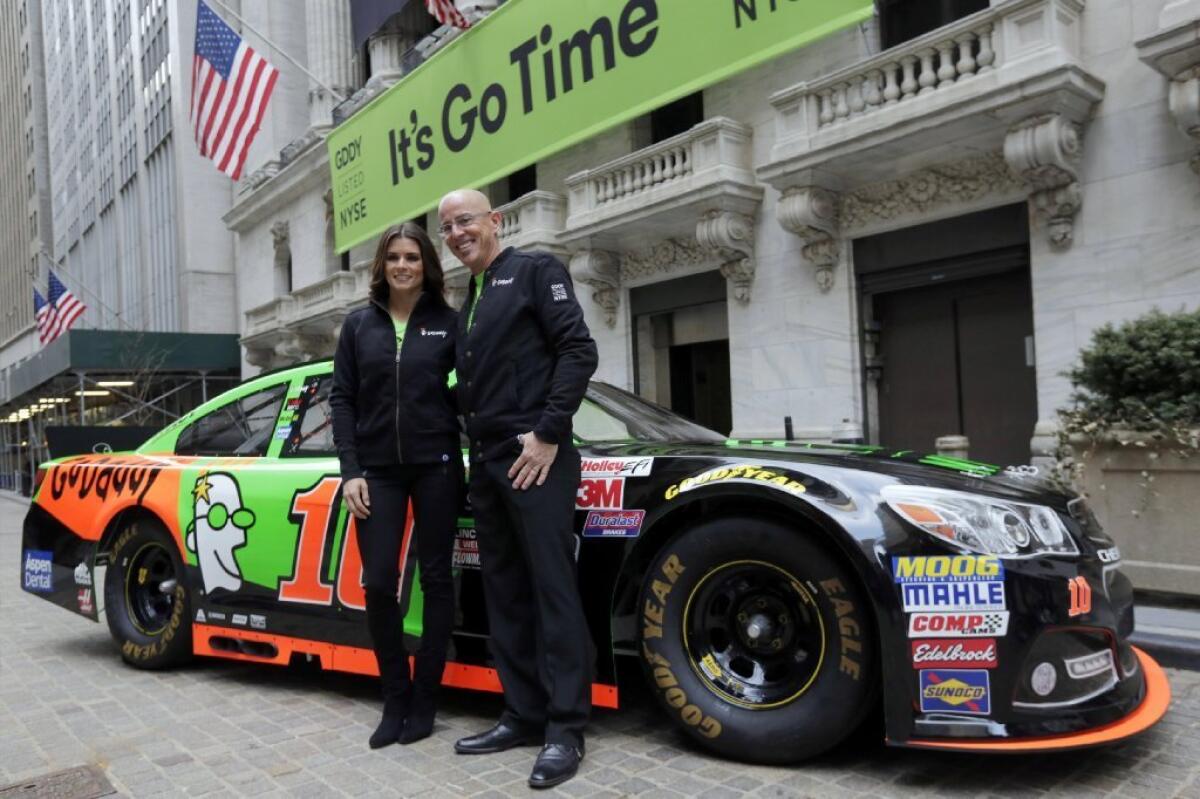 NASCAR driver Danica Patrick and GoDaddy CEO Blake Irving at the New York Stock Exchange on April 1 for GoDaddy's initial stock offering.