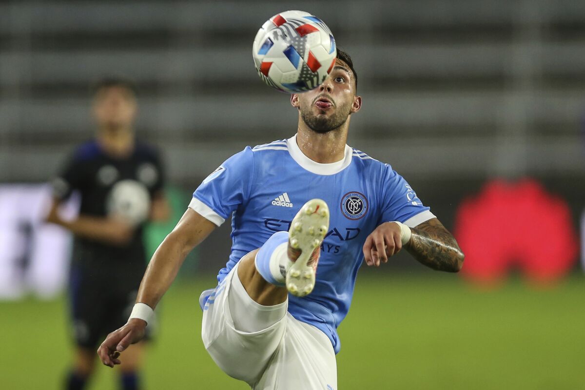 NYCFC midfielder Valentín Castellanos controls the ball against CF Montreal on July 7