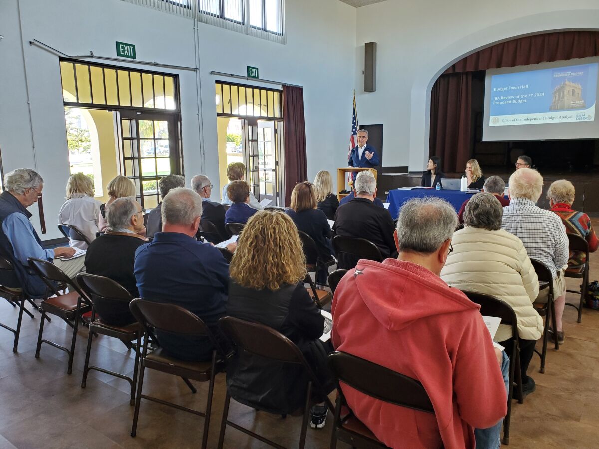 San Diego City Councilman Joe LaCava leads a budget town hall meeting at the La Jolla Recreation Center on May 6.