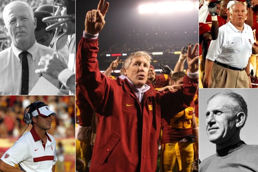 Clockwise, from top left: Former USC coaches John McKay; Pete Carroll; John Robinson; Howard Jones; and Lane Kiffin.