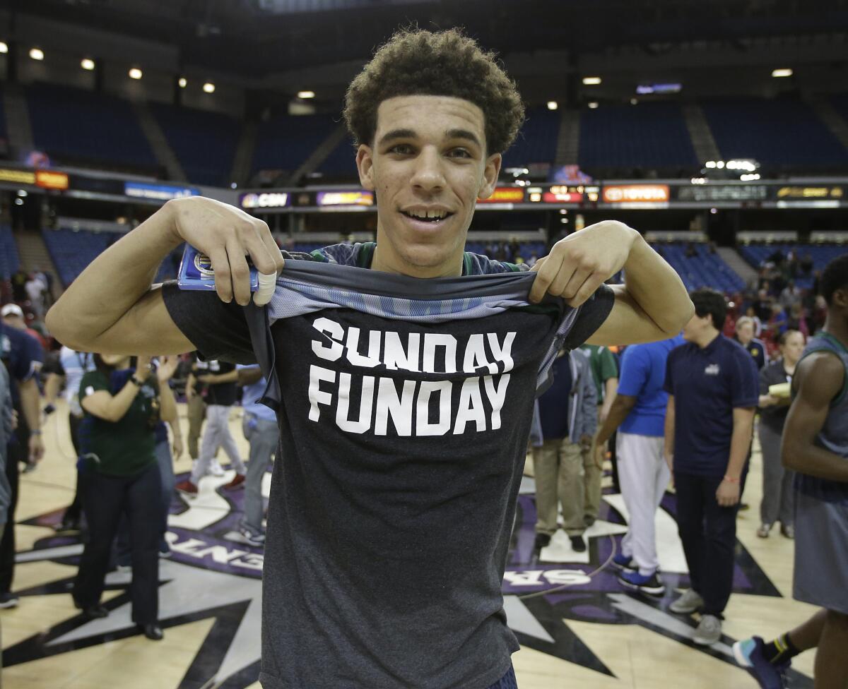 Chino Hills star Lonzo Ball celebrates after beating De La Salle 70-50 in the CIF boys' Open Division high school basketball championship game.