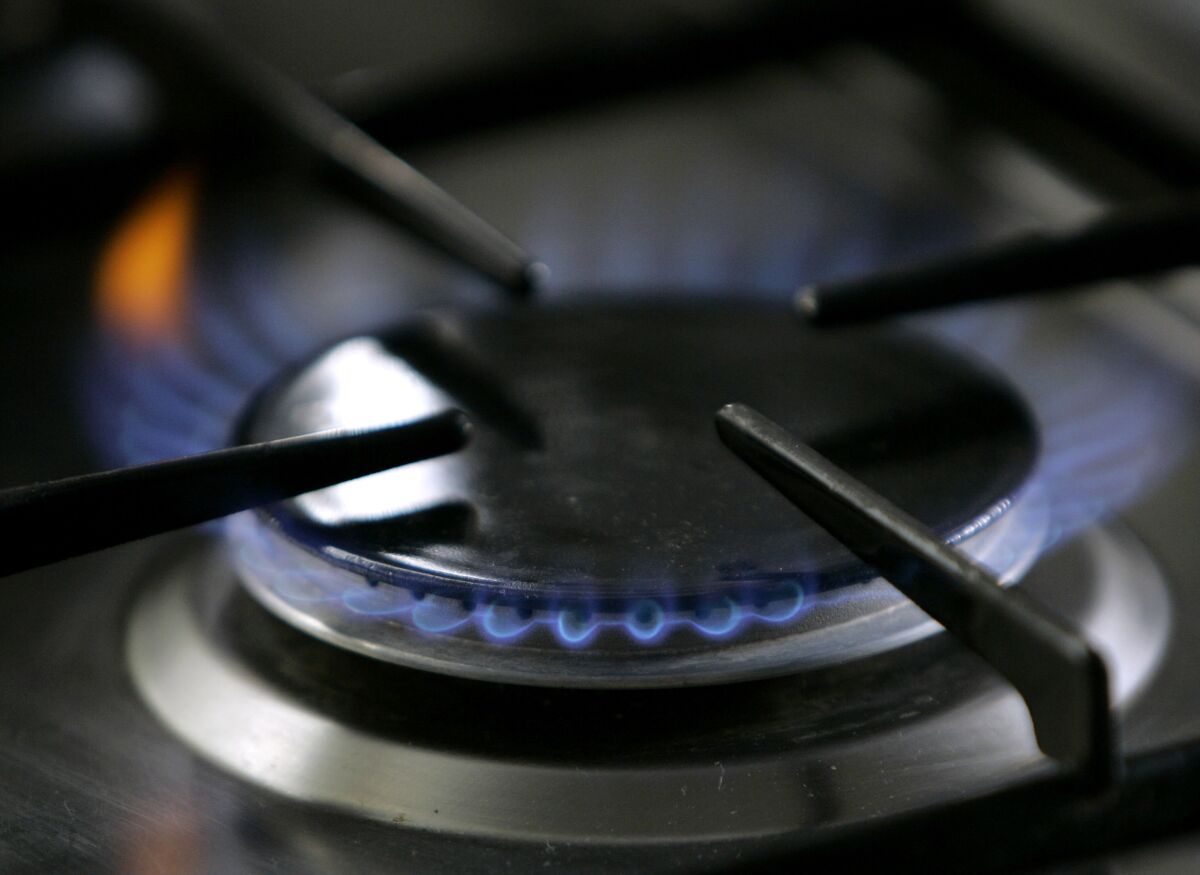 A gas-lit flame burns on a natural gas stove  