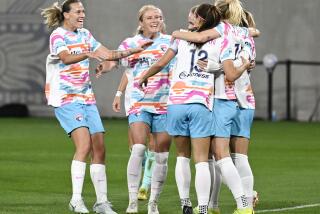 San Diego WaveOs Sofia Jakobsson (10), right, is congratulated by teammates after scoring during the first half of an NWSL soccer game against the Kansas City Current March, 23, 2024 in San Diego, Calif. (Photo by Denis Poroy)